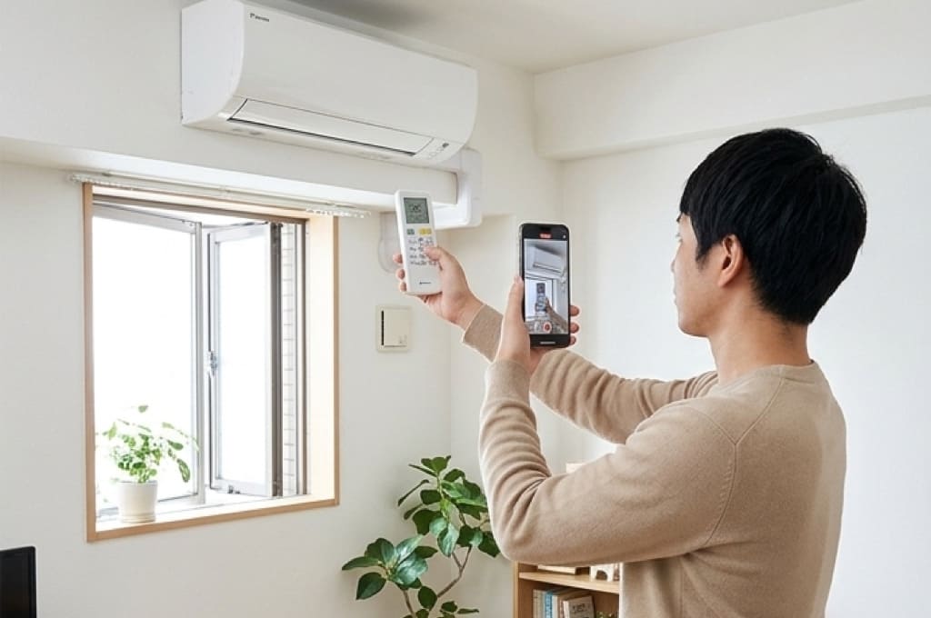 エアコン本体とリモコン表示を映して状態確認している