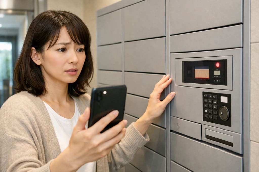 宅配ボックスや共用設備の表示部を映して不具合を確認している