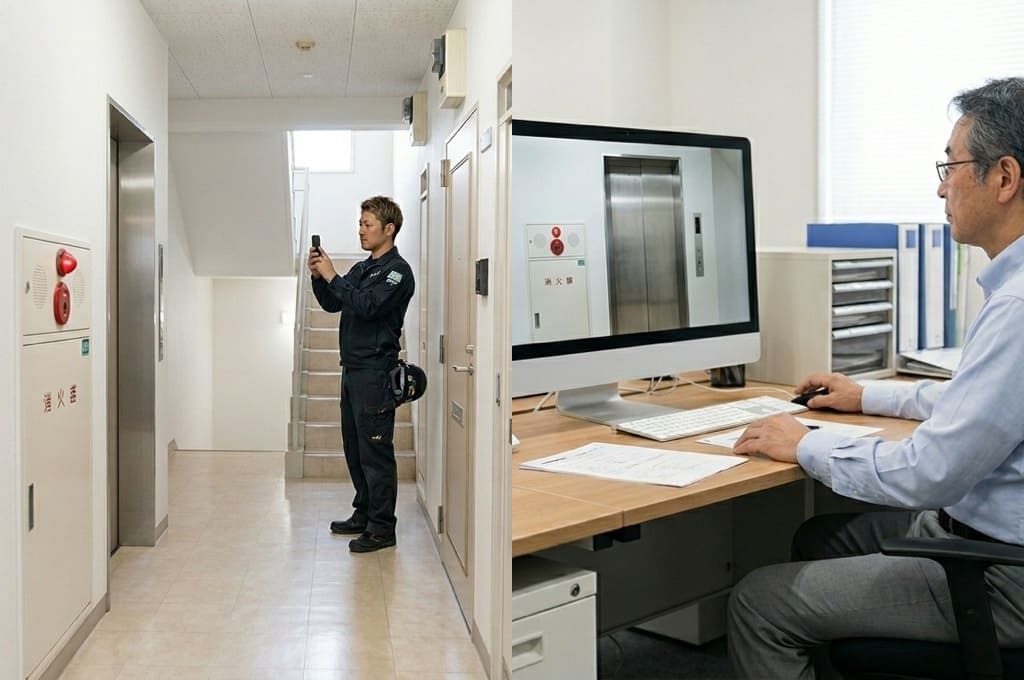 建物の通路や入口を映しながら大型搬入の経路を確認している