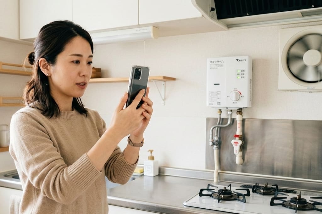 ガス機器の表示や警報器の状態を映して確認している