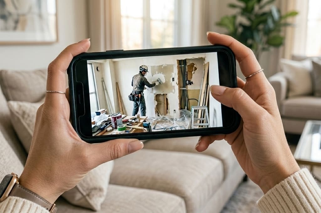 現地の被害箇所を映しながらオーナーへ状況報告している