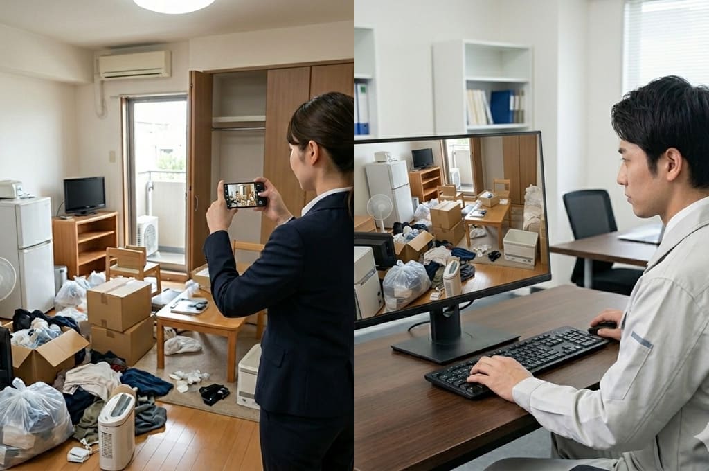 室内の残置物を映して回収対象を確認している