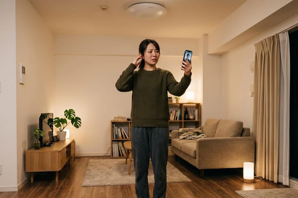 騒音がする室内や窓まわりを映しながら状況を確認している