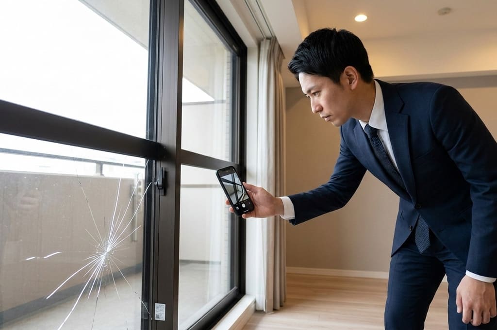 ガラスや建具の品番や寸法を映しながら仕様確認している