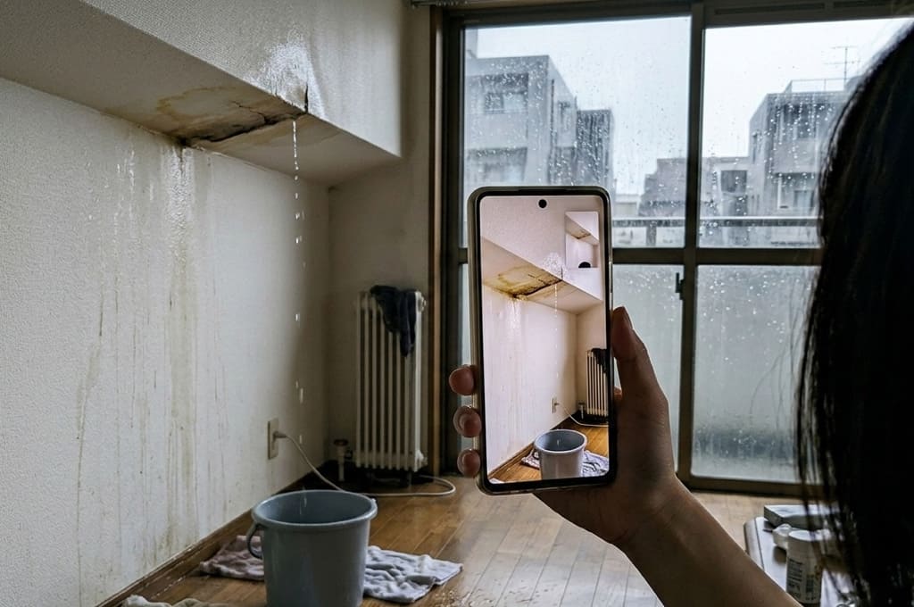 天井や窓まわりの濡れた箇所を映して雨漏りを確認している