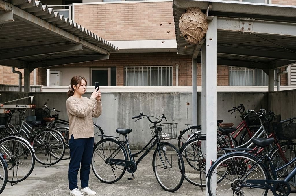 害虫の発生箇所や侵入経路を映しながら現地調査している