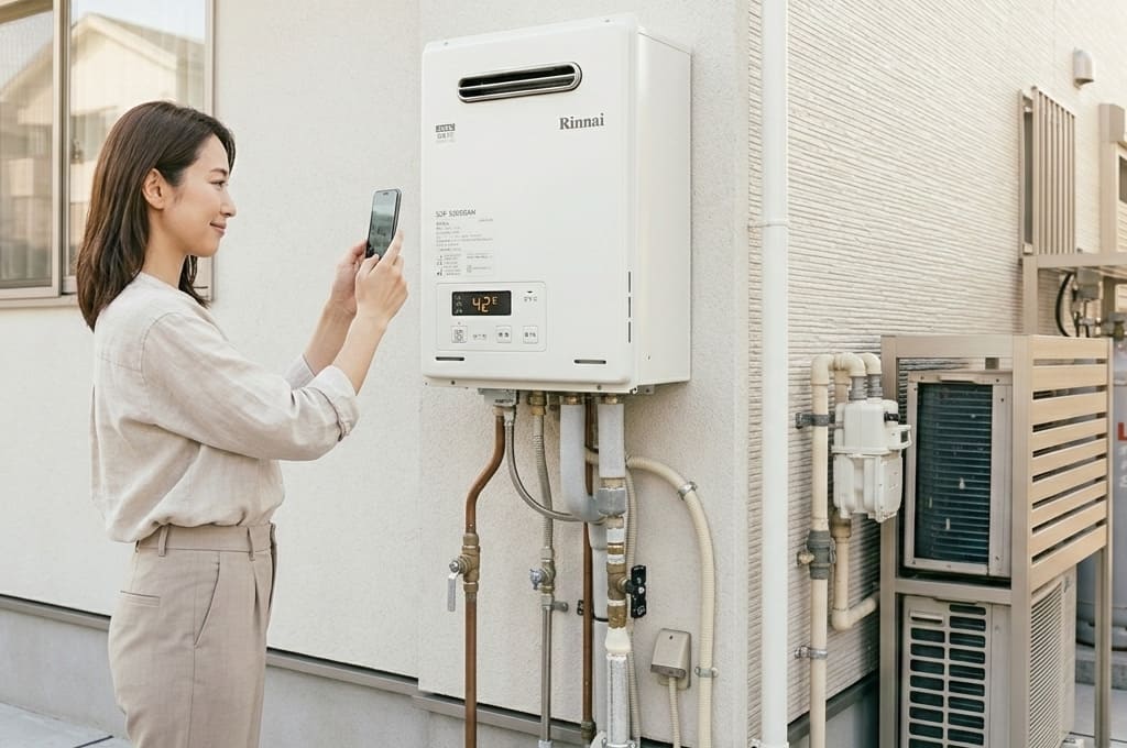 給湯器のリモコン表示を映しながら不具合を確認している